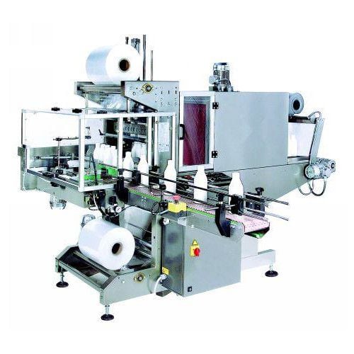 A Preferred Pack SFE-1500AU Right Angle Fully Automatic Sleeve Wrapper with Attached Tunnel, featuring a stainless steel structure, multiple rollers, and conveyor belts designed for packaging and sealing operations.