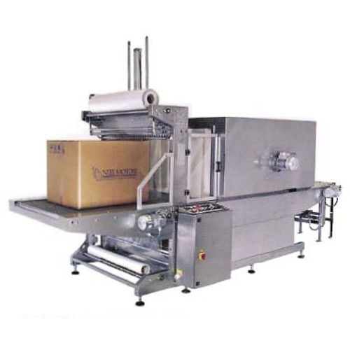 A Preferred Pack SFE-1500NF Inline Fully Automatic Sleeve Wrapper with Attached Tunnel, showcasing a large cardboard box being wrapped with plastic film on a stainless steel conveyor system.