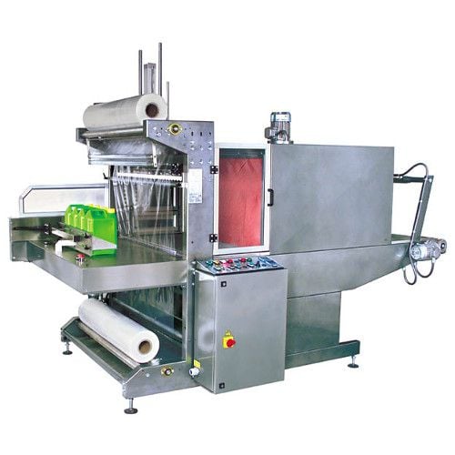 A Preferred Pack SFE-1500SA Semi Automatic Sleeve Wrapper with Attached Tunnel, featuring a stainless steel frame, rollers for wrapping materials, a control panel, and a conveyor system for efficient packaging.