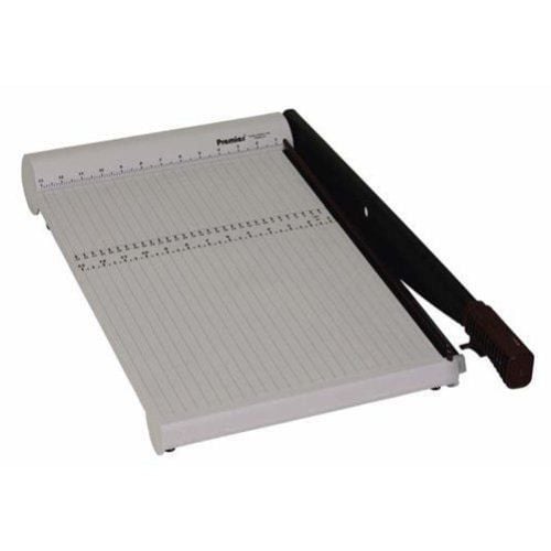 A Premier P218X Polyboard 18 Inch Guillotine Paper Cutter featuring a grid surface and a large cutting blade for precise paper trimming.