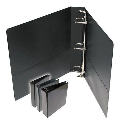 Premium Black D-Ring Clear Overlay View Binders displayed in various sizes with one binder open showing the D-ring mechanism.