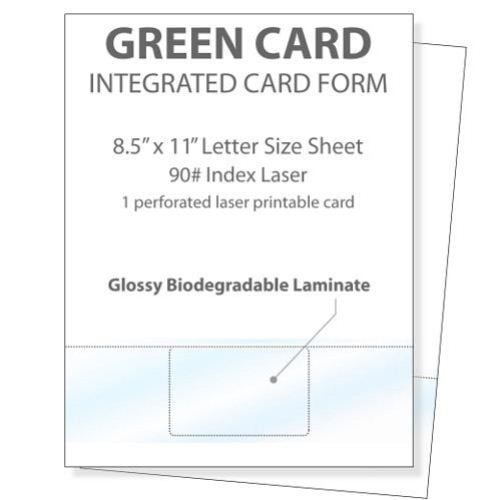 Printable Glossy Identification Cards (Front) showing an 8.5" x 11" letter-size sheet with a perforated, biodegradable laminate card section and text detailing its specifications.