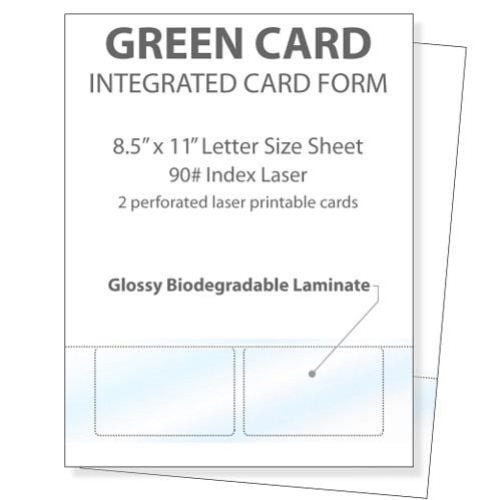 Printable Glossy Identification Cards with two perforated sections on an 8.5" x 11" biodegradable laminated sheet designed for laser printing.