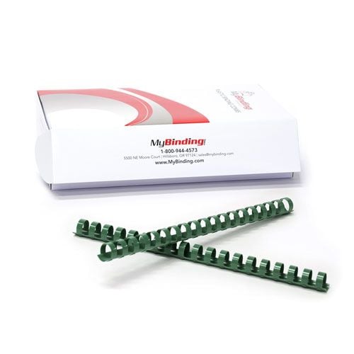 1-1/8" Hunter Green Plastic Binding Combs in front of MyBinding packaging box.