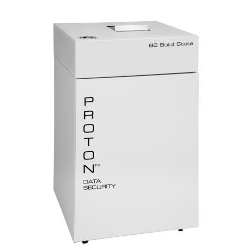 Front view of the Proton PDS-88 Solid State Media Shredder, a sleek white data destruction device designed for secure media disposal.