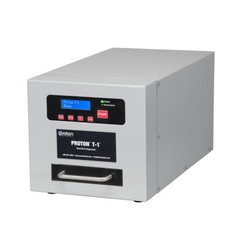 The Proton T-1 Automatic Drawer-Style Hard Drive and Magnetic Media Degausser, showcasing its compact design and user-friendly interface. The Proton T-1 Automatic Drawer-Style Hard Drive and Magnetic Media Degausser, showcasing its compact design and user-friendly interface.
