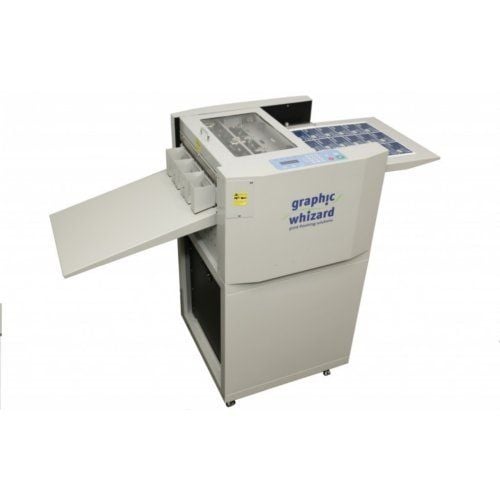 A Graphic Whizard PT-331SCC Slitter/Cutter/Creaser/Perforator machine with a compact design, featuring an open output tray, control panel, and visible internal mechanisms.