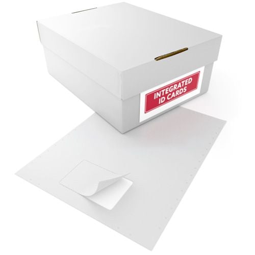 A white box labeled "Integrated ID Cards" sits next to a sheet of 90lb Punch Out Style Printable Integrated ID Cards with one card partially peeled out.