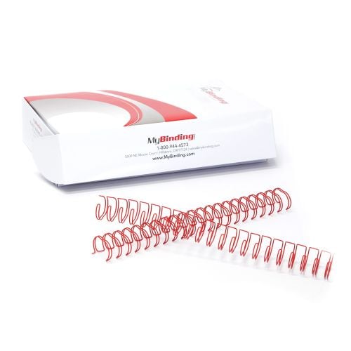 A box of Red 2:1 Pitch Twin Loop Wire binding coils with two loose coils displayed in front.