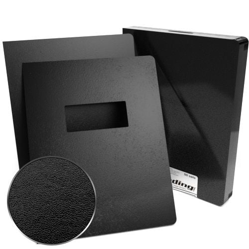 Black 8.75" x 11.25" Regency Leatherette Vinyl Covers with Windows - 100 Sets, featuring a sleek, textured finish and a rectangular cutout for displaying front page titles or logos.