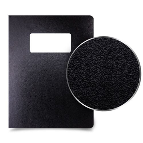 Black 8.75" x 11.25" Regency Leatherette Vinyl Covers [Unpunched, W/ Window] - A textured black cover with a rectangular label window, designed for professional binding and document protection.