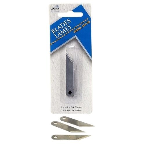 Replacement Blades for Logan Oval & Circle Mat Cutter, model 324-20, showing a pack of 20 sharp blades designed for precision cutting.