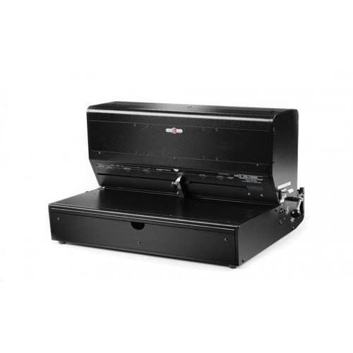 A Rhin-O-Tuff Onyx HD7500H 24" Open-Ended Horizontal Electric Punch, a heavy-duty black electric punching machine used for binding and document finishing.
