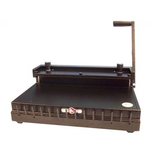 A Rhin-O-Tuff Onyx HD8000 14" Manual Flat Bar Wire Closer, featuring a sturdy black metal construction with a lever handle for manual wire closing.