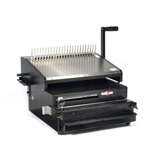 Rhin-O-Tuff 4012PB Medium Duty Electric Plastic Comb Binding System with a manual lever and sleek black design, featuring a sturdy metal comb and adjustable binding mechanisms for professional document binding.