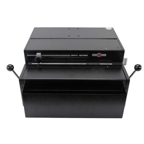 Rhin-O-Tuff 70003H Ultra Duty Electric 3 Hole Punch System in a sturdy black design, featuring manual levers and precision controls for high-capacity punching.