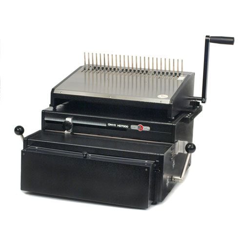Rhin-O-Tuff 7000PB Ultra Duty Electric Plastic Comb Binding System, featuring a heavy-duty, black machine with manual crank handle, designed for high-volume comb binding tasks.
