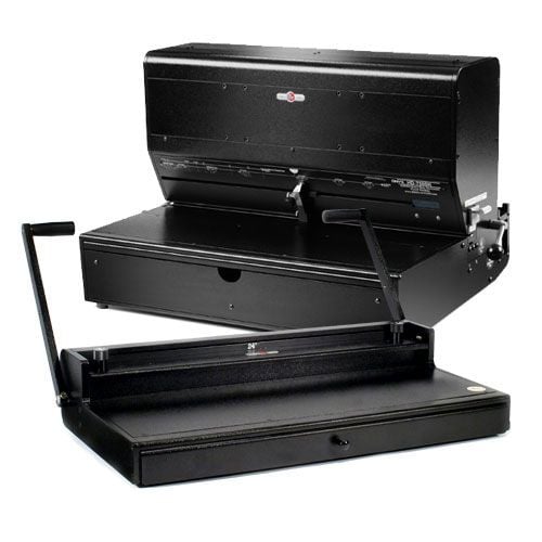 Rhin-O-Tuff 7500HW2 Wide Format Electric 2:1 Wire Binding System, featuring a sturdy black design with manual levers, suitable for heavy-duty binding tasks.