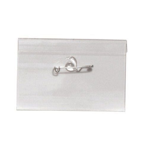 Clear rigid vinyl name tag holder with crimp pin attachment, featuring a transparent rectangular design and a secure metal pin on the back for fastening.