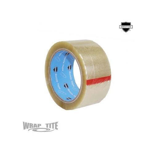 A roll of Wrap-Tite Recycled PET Bottle Clear Acrylic Carton Sealing Tapes is presented, featuring a smooth, glossy golden adhesive surface with a red stripe and a blue inner core clearly marked with the Wrap-Tite logo and product details.