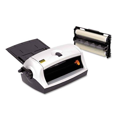 The Scotch LS960 Heat-Free 9-Inch Laminating Machine with an open compartment and a replacement laminating cartridge. The Scotch LS960 Heat-Free 9-Inch Laminating Machine with an open compartment and a replacement laminating cartridge.