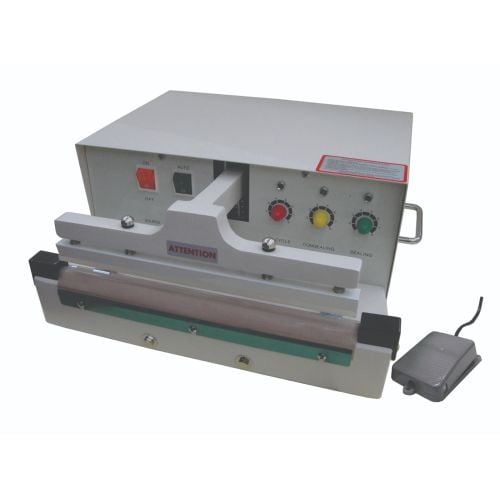 A SealerSales W-Series 24" Automatic Impulse Sealer with control dials for cycle, congealing, and sealing, a foot pedal, and a sturdy white metal body.