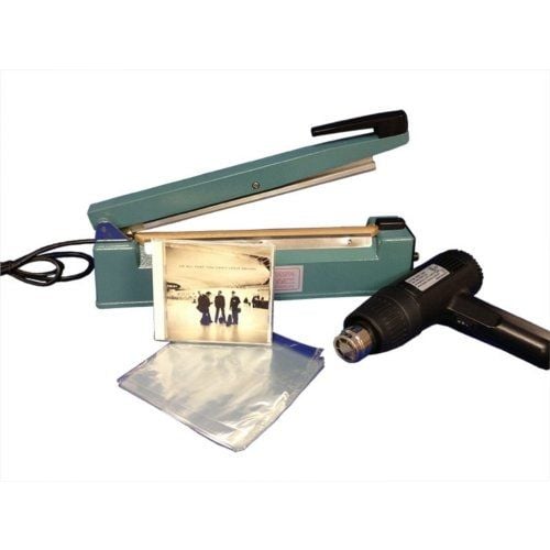 A shrink wrapping setup featuring the SealerSales 12" Shrink Wrapping Starter Kit, including a teal heat sealer, black heat gun, clear shrink bags, and a CD packaged in a shrink-wrapped bag.