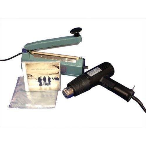 A SealerSales 8" Shrink Wrapping Starter Kit featuring a heat gun, a shrink wrap sealer, and 6" x 6.5" CD shrink bags with a CD package partially wrapped.