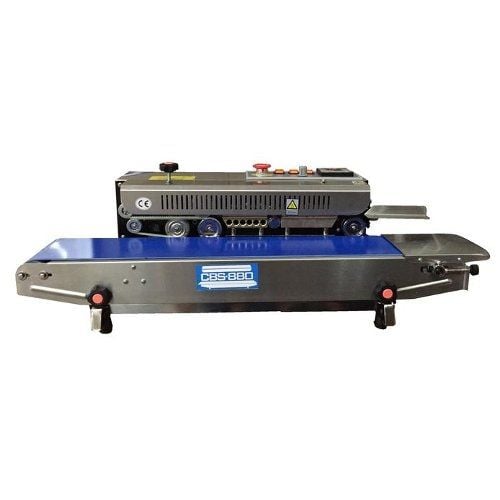 SealerSales CBS-880I Horizontal Continuous Band Sealer (Right Feed) featuring a robust stainless steel structure, a bright blue conveyor belt, clearly visible control knobs, and adjustable sealing components for horizontal packaging tasks.