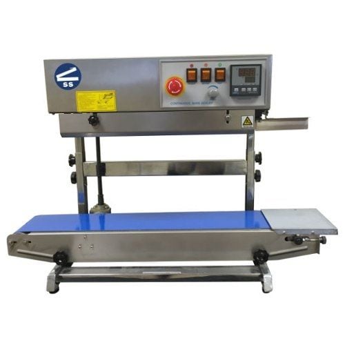 SealerSales CBS-880II Vertical Continuous Band Sealer (Right Feed) with a stainless steel frame, digital control panel, emergency stop button, and a blue conveyor belt designed for vertical sealing applications.