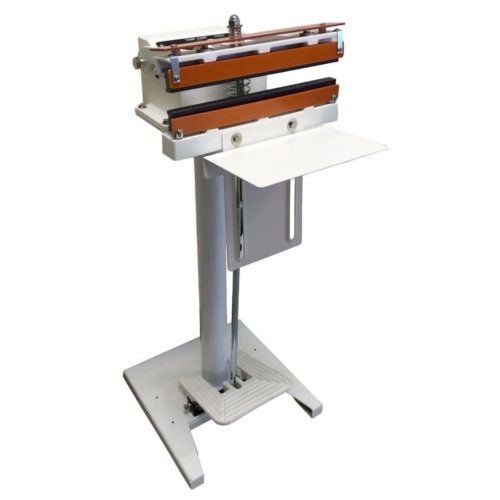 A foot-operated SealerSales W-Series 12" Direct Heat Sealer with a sturdy metal base, adjustable table, and dual heating elements designed for efficient sealing tasks.