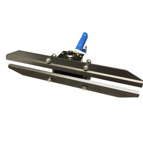 SealerSales FKR-400 Portable PTFE Coated 16" Direct Heat Sealer with Temp Controller, showcasing wide black PTFE-coated sealing bars, a central temperature control unit, and a blue handle extending from the rear.