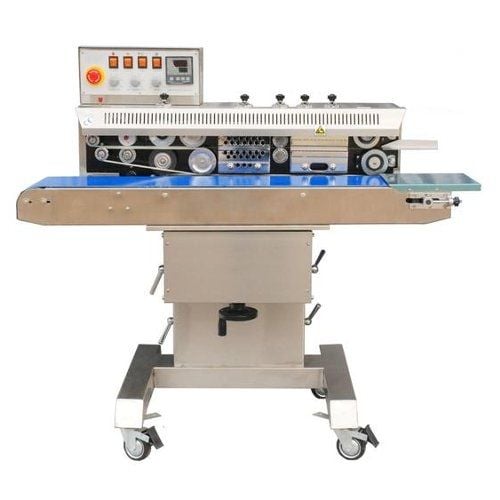 SealerSales FRM-1120C Free-Standing Horizontal Dry Ink Coding Continuous Band Sealer featuring a control panel with multiple switches, a stainless steel adjustable base, and a blue conveyor belt for packaging operations.