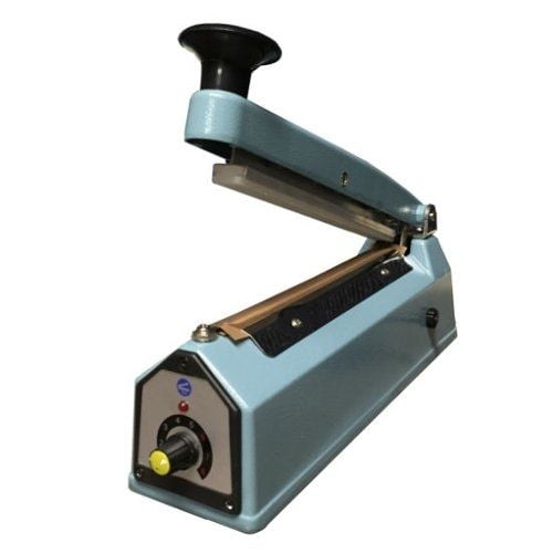 A SealerSales FS-100 4" Hand Impulse Sealer with a blue metal body, black knob, and adjustable timer, designed for sealing plastic bags.