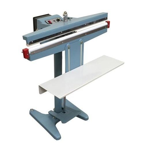 A SealerSales FS-658F 26" Foot-Operated Impulse Sealer with an 8mm seal width, featuring a sturdy blue metal frame, a white work shelf, and a control panel on top for precise sealing operations.
