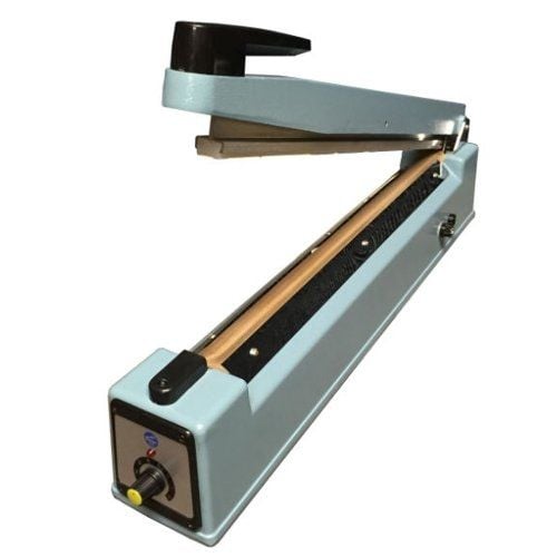 A light blue SealerSales FS-Series 16" Hand Impulse Sealer with a black handle, control knob, and heating element designed for sealing plastic bags.