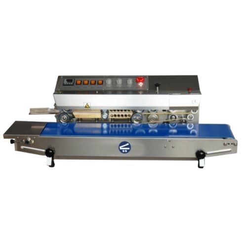 SealerSales HL-M810I Horizontal Dry Ink Coding Continuous Band Sealer features a stainless steel frame with a blue conveyor belt and control panel for sealing and coding packages continuously.