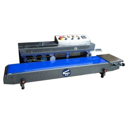 SealerSales Impresse FRM-1010I Horizontal Dry Ink Coding Continuous Band Sealer featuring a blue conveyor belt, a stainless steel body, and a control panel with multiple buttons and knobs.