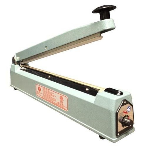 A SealerSales KF-400H 16" Hand Impulse Sealer with a 2.6mm seal width, featuring a durable metal body, a lever-style handle, and control settings on the side for sealing various packaging materials.
