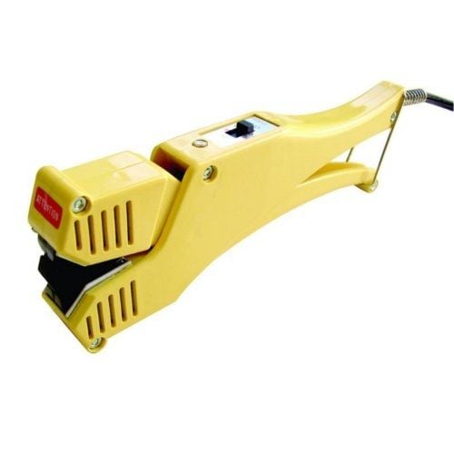 A yellow SealerSales KF-772DH Direct Heat Portable Clam Shell Sealer with a compact design, featuring a grooved sealing jaw, an on/off switch, and a spring mechanism for ease of use.