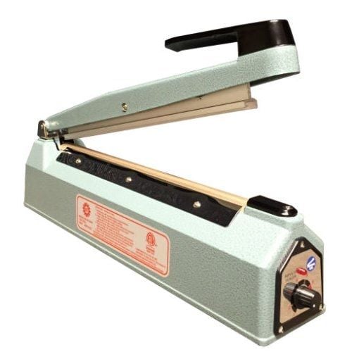 A SealerSales KF-Series 12" Hand Impulse Sealer with a metal body, adjustable heat dial, and black handle, designed for sealing plastic bags.
