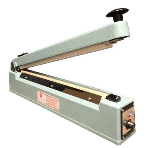 A SealerSales KF-Series 16" Hand Impulse Sealer with Sliding Cutter, featuring a light green body, adjustable knob, and a heat-sealing bar in an open position, designed for precise bag sealing.