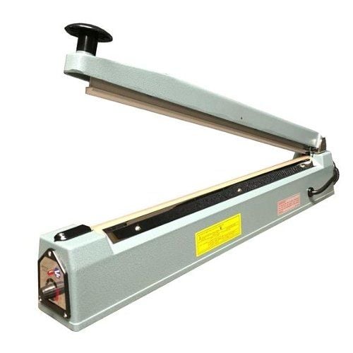 A SealerSales KF-Series 20" Hand Impulse Sealer with a gray metal body, a black knob for operation, and visible yellow safety and operational labels.