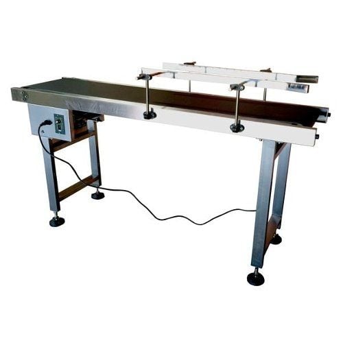 SealerSales MC-300 Motorized Conveyor featuring a stainless steel conveyor belt with adjustable guides and a control panel for operational settings.