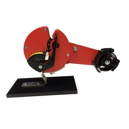 SealerSales ND-2333 3/8" Heavy Duty Poly/Paper Bag Sealer with Trimmer, featuring a red metal frame, integrated cutting mechanism, and mounted on a sturdy black base.
