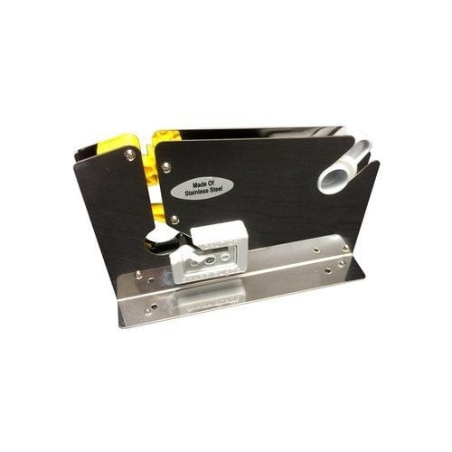 SealerSales SL-606STK Stainless Steel 3/8" Poly Bag Tape Sealer w/ Trimmer, featuring a durable stainless steel body, a yellow tape holder, and an integrated cutting mechanism for sealing and trimming poly bags.