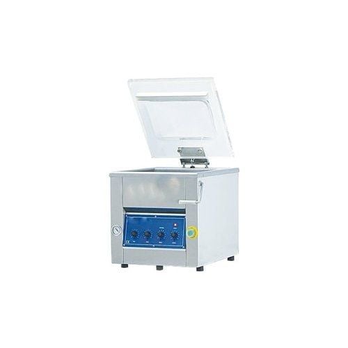 A SealerSales TC-280F 12" Tabletop Chamber Vacuum Sealer with Electric Cut-Off and a 3mm seal width, featuring a stainless steel body, open lid, and a front control panel with dials and a gauge.