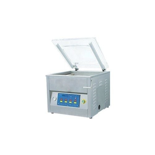 A stainless steel tabletop chamber vacuum sealer with a transparent lid, control panel, and two seal bars, identified as the SealerSales TC-420LR 17" model featuring an electric cut-off and 3mm seal width.