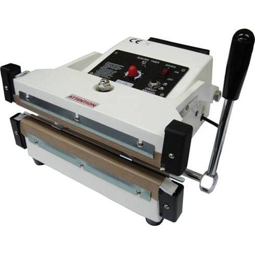 SealerSales W-2510HT 10" Hand Press Double Impulse Sealer, featuring a white rectangular body with a control panel, red knob, and a sturdy metal lever for manual operation.