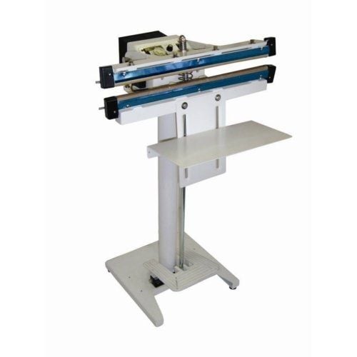 A SealerSales W-300T 12" Double Impulse Foot-Operated Sealer with a white metal base, dual blue sealing bars, and an adjustable worktable.
